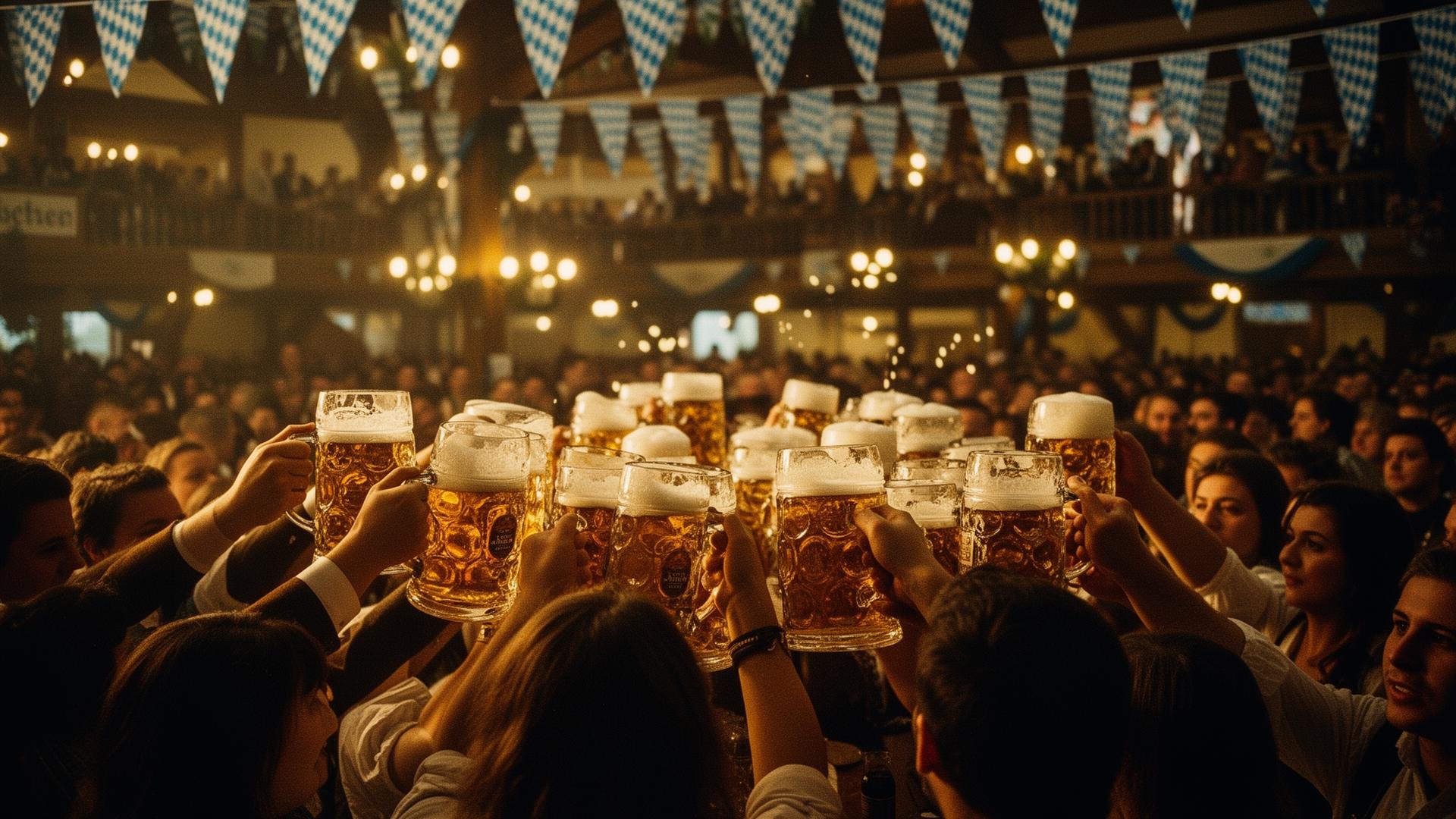 Oktoberfest crowd raising steins